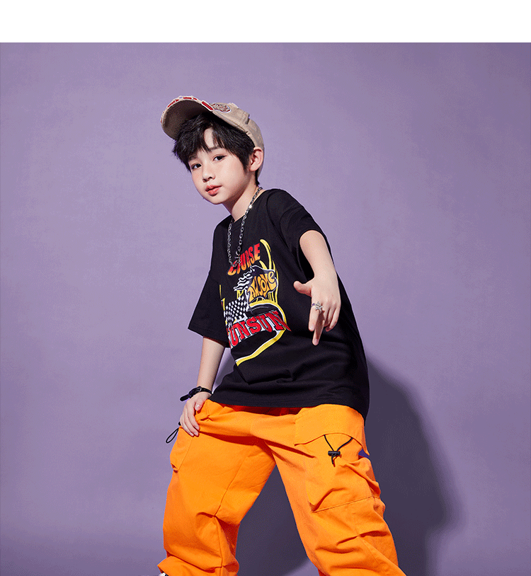 พร้อมส่ง ***ชุดเต้น แดนซ์ เสื้อเอวลอยแต่งลาย+กางเกงคาร์โก้ สีส้ม