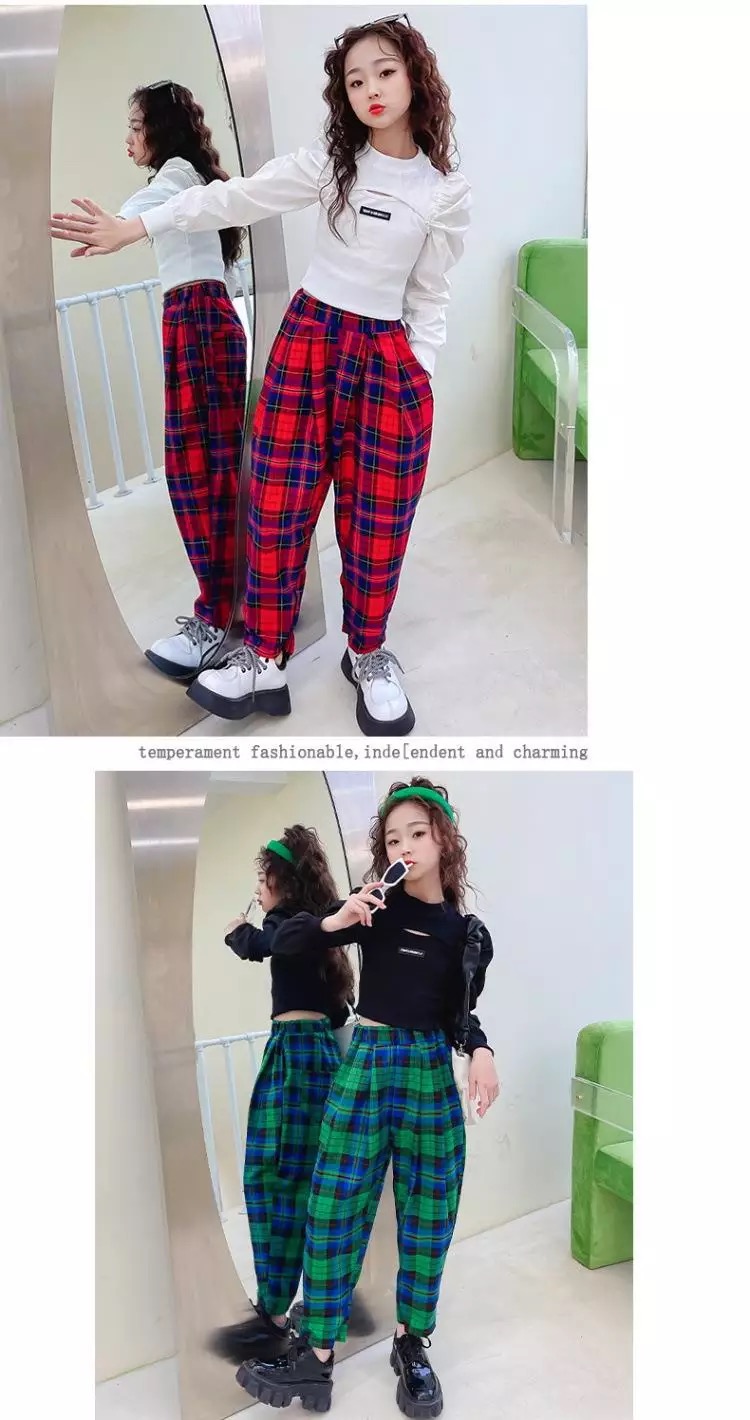 ชุดเต้น แดนซ์เสื้อแขนยาวสีขาว+กางเกงลายสก๊อต สีแดง