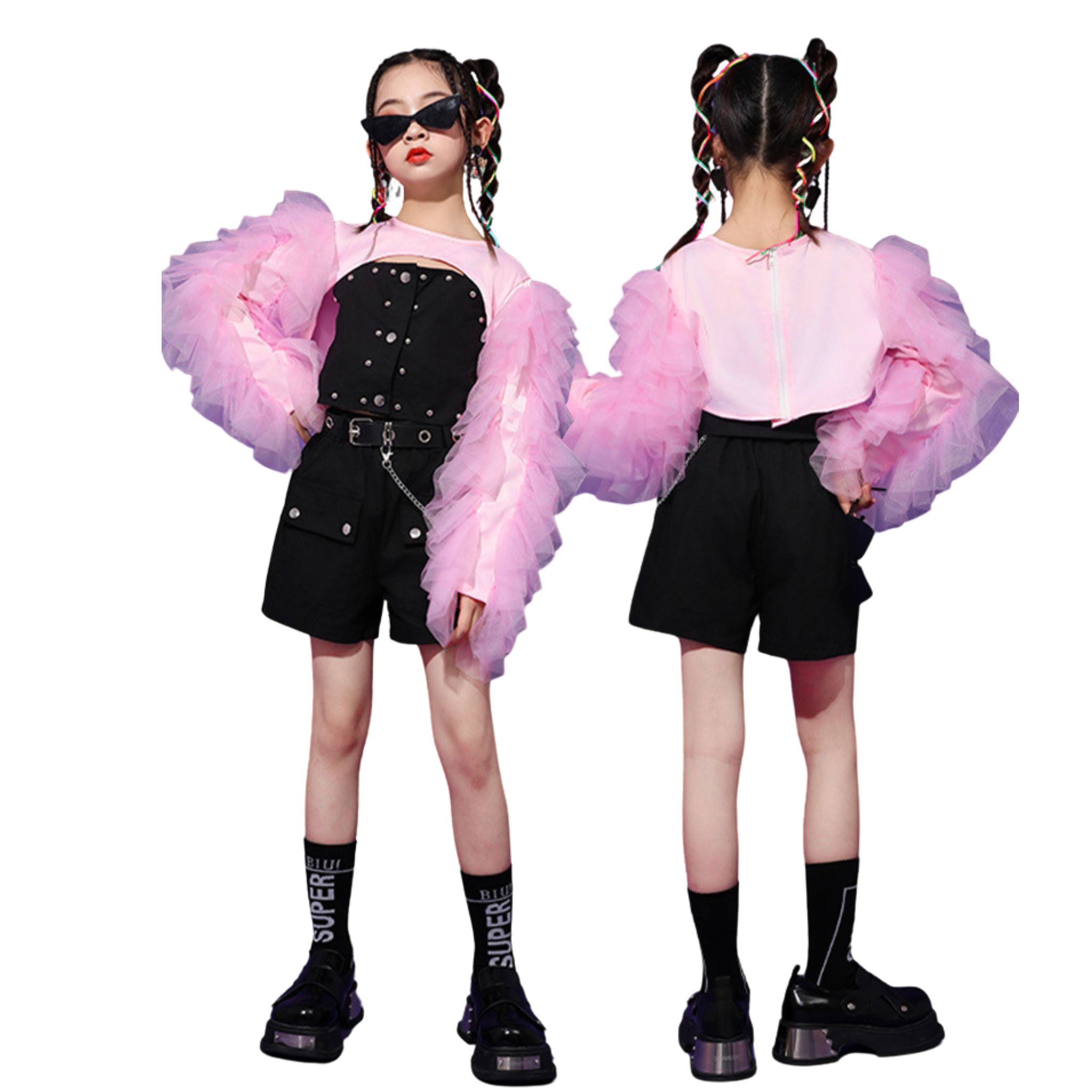 พร้อมส่งในไทย** ชุดเต้น Cover dance เรียนเต้น เซ็ต 3 ชิ้น เซ็ต โทนสีชมพูอ่อน ฟรุ้งฟริ้ง