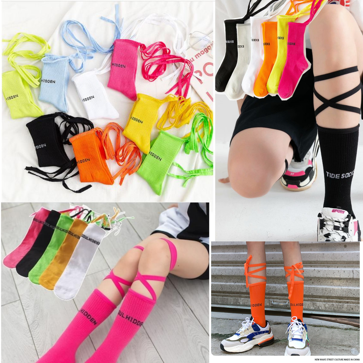 พร้อมส่ง ถุงเท้า เด็ก-ผู้ใหญ่ แบบยาว มีสายไขว้ ผูกข้อขา สีพื้น