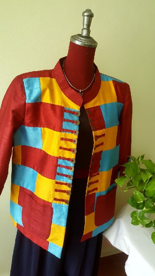 SIVA เสื้อคลุ้มผ้าไหมไทยตกแต่งวัสดุเหลือใช้ SIVA (ส่งฟรี) ดำ,น้ำตาล,ชมภู่,ฟ้า,แดงเลือดหมู M,L,XL,XXL