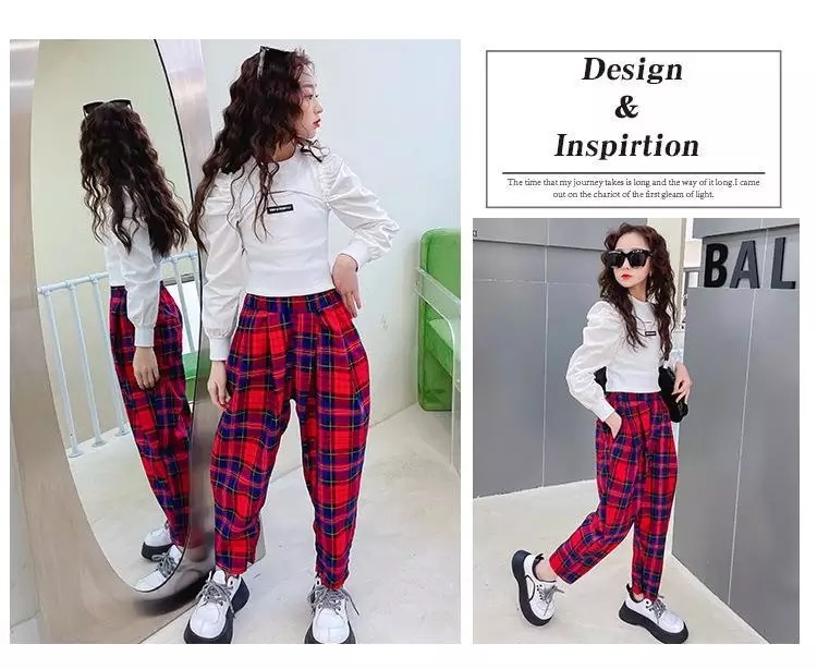 ชุดเต้น แดนซ์เสื้อแขนยาวสีขาว+กางเกงลายสก๊อต สีแดง