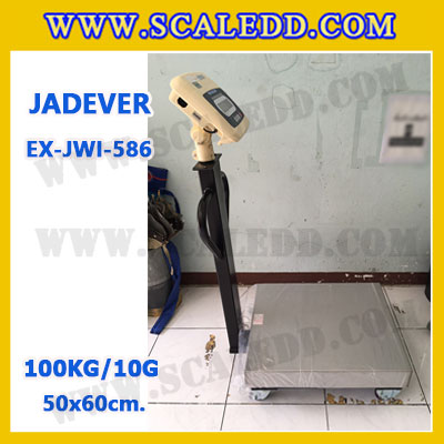 เครื่องชั่งดิจิตอลตั้งพื้น ยี่ห้อ JADEVER รุ่น EX-JWI-586 ขนาดแท่น 50x60cm. พิกัดน้ำหนัก 100kg ค่าละเอียด 10g พร้อมที่เข็นและล้อ