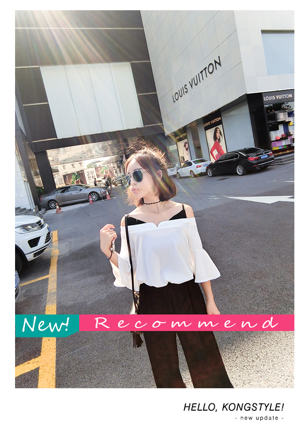 เสื้อแฟชั่นสายเดี่ยว โชว์ไหล่ ใส่สบายๆ เนื้อผ้าชีฟองขนเป็ดพริ้วๆ ใส่หลวมๆ แขนระบาย(ตามแบบ)ปิดข้อศอก ใส่เที่ยวสวยเก๋ หรือออกงานไหนๆก็น่ารักสไตล์เกาหลี