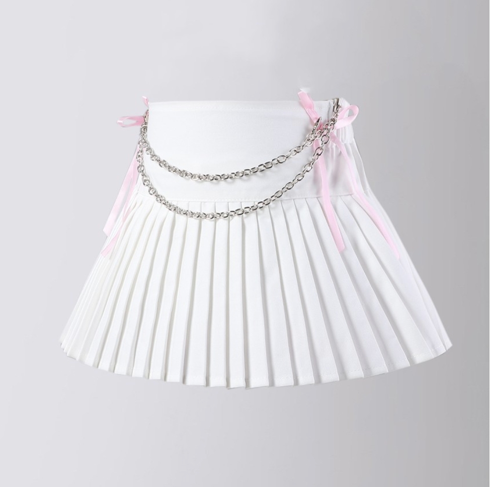 กระโปรง เด็กผู้หญิง อัดพลีส สีพื้นแยกสร้อม**พร้อมแบบโบว์ชมพู