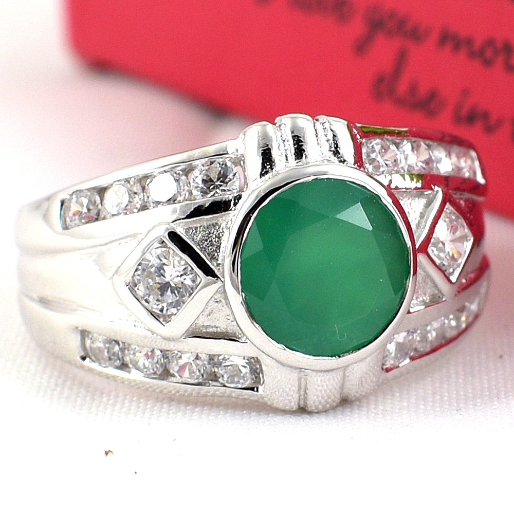 แหวนเงินแท้ราคาถูกชุบทองคำขาว พลอยแท้กรีนอะเกท 1.94 กะรัต เพชรCZ 0.437 กะรัต งานประณีตสวยงาม สั่งผลิตค่ะ