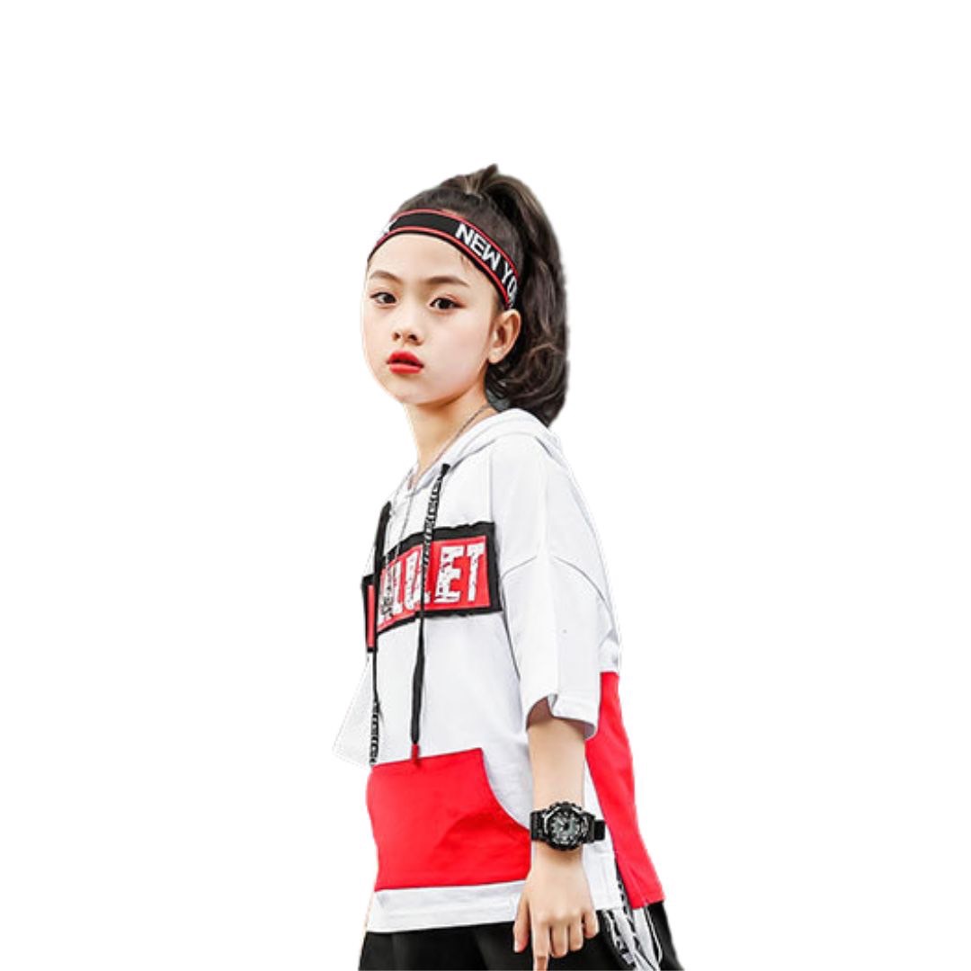 พร้อมส่ง ชุดเต้น Hiphop เสื้อฮูดขาวแต่งกระเป๋าหน้าแดง+กางเกงขายาว สีดำ