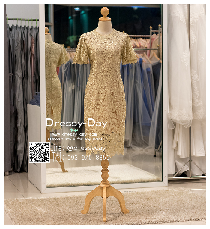 รหัส ชุดเจ้าภาพ :PM003 ชุดราตรีสั้น มีแขน สีทอง ลูกไม้เนื้อหนา สวย สง่า ใส่เป็นชุดไปงานแต่งงาน งานกาล่าดินเนอร์ งานเลี้ยง