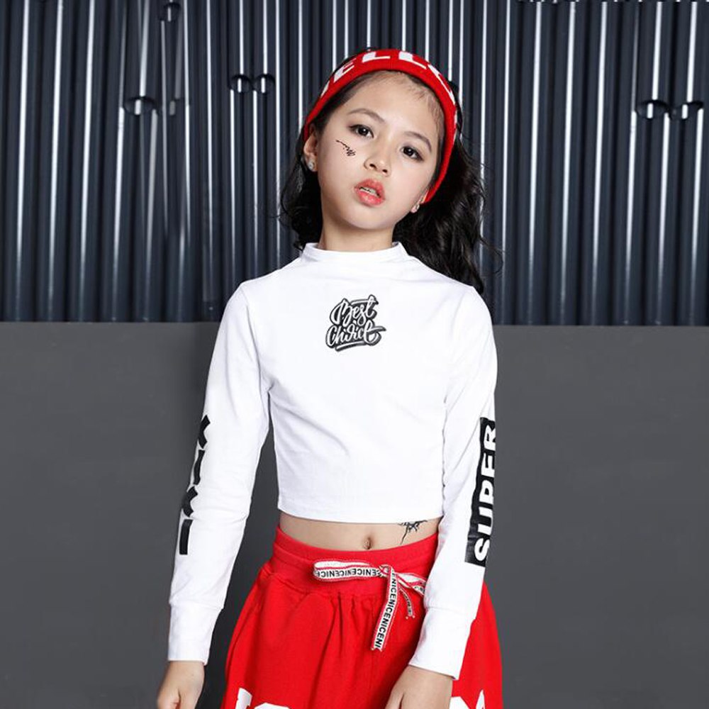 พร้อมส่ง ชุดเต้น ชุดฮิปฮอป สีขาวแขนยาวสีแดง+กางเกง