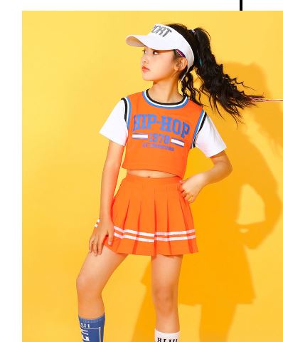 พร้อมส่ง ชุดเต้น ชุดเชียร์เด็ก เซ็ตสีส้ม ลายสก๊อต สีส้ม ชุดกีฬา สปอร์ต