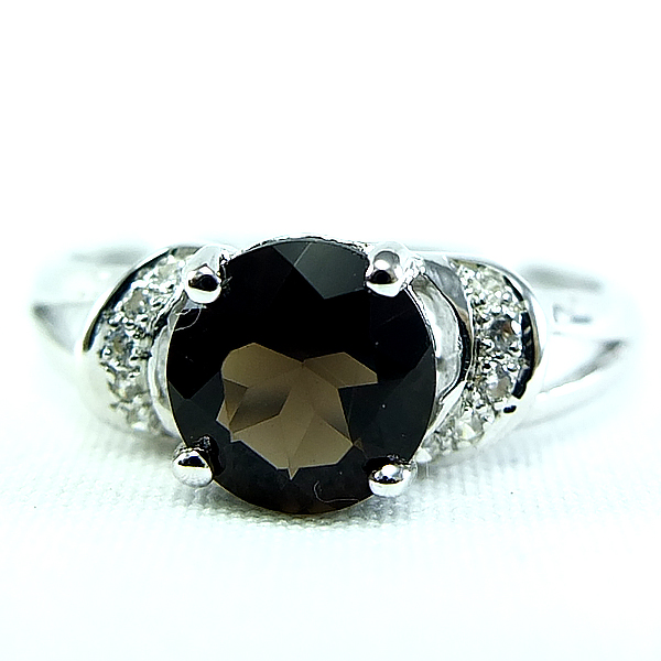 แหวนเงินแท้ราคาถูกชุบทองคำขาว พลอยแท้สโมกกี้ควอทซ์ 1.20 กะรัต เพชรCZ 0.07 กะรัต งานประณีตสวยงาม สั่งผลิตค่ะ