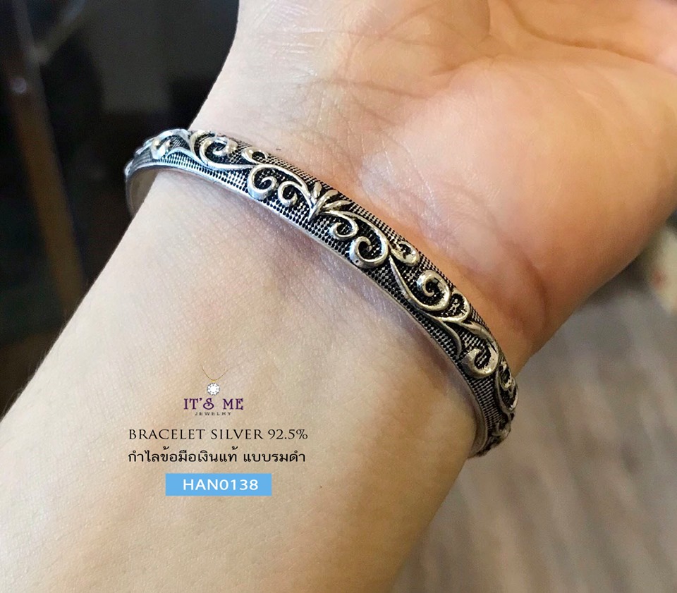กำไลข้อมือเงินแท้ แบบรมดำ (กำไลแบบทรงกลม แบบเปิด) กำไลขยายได้จ้า เหมาะสำหรับข้อมือไม่เกิน 6.5 นิ้ว