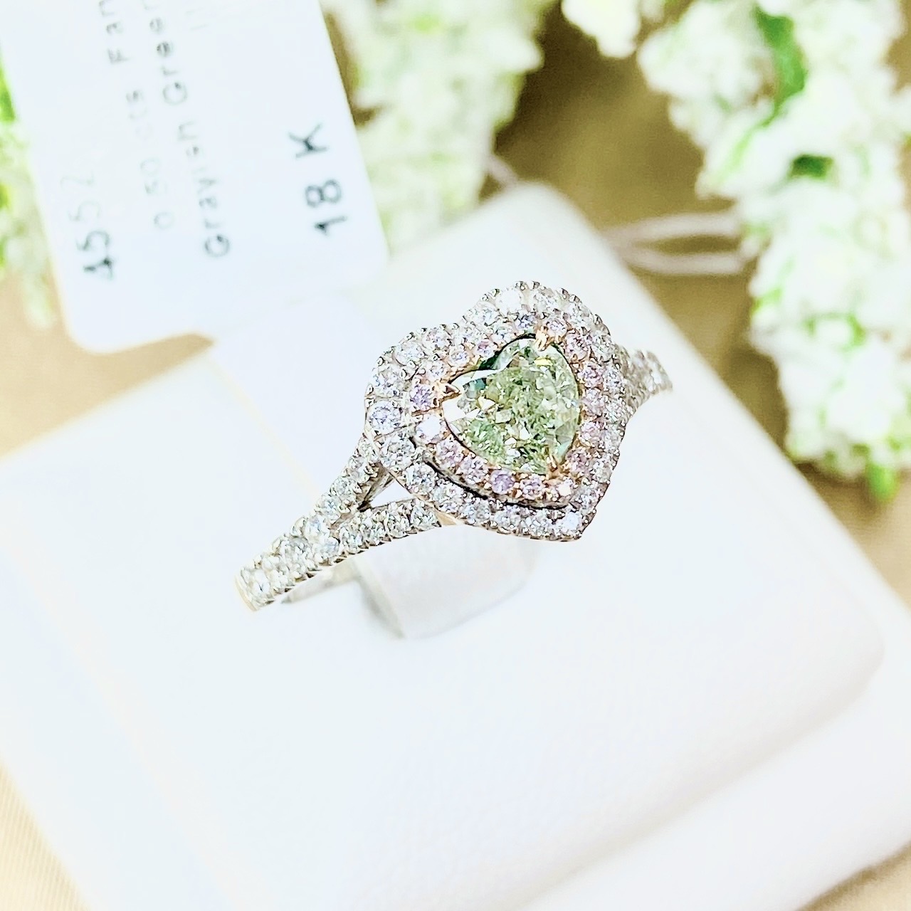 แหวนเพชรแฟนซีรูปหัวใจ Fancy Light Grayish Greenish เพชรสสีสวย I1 เจียระไนสวยเล่นไฟ