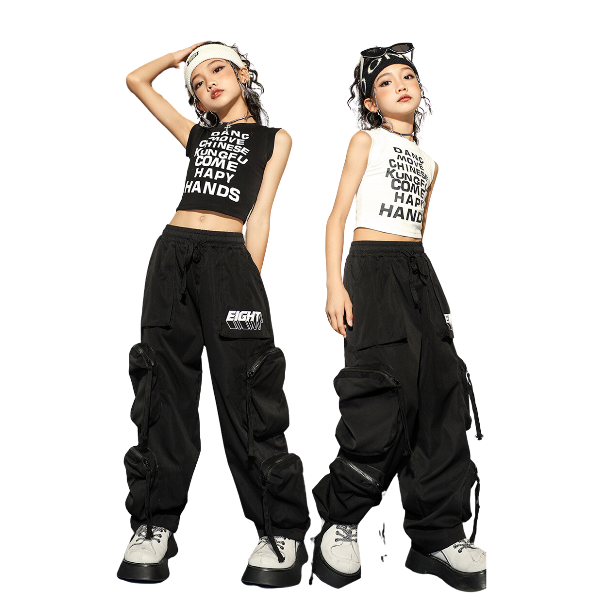 ชุดเต้น ชุดเชียร์ เสื้อเอวลอยสีขาว ดำ+กางเกงคาร์โก้