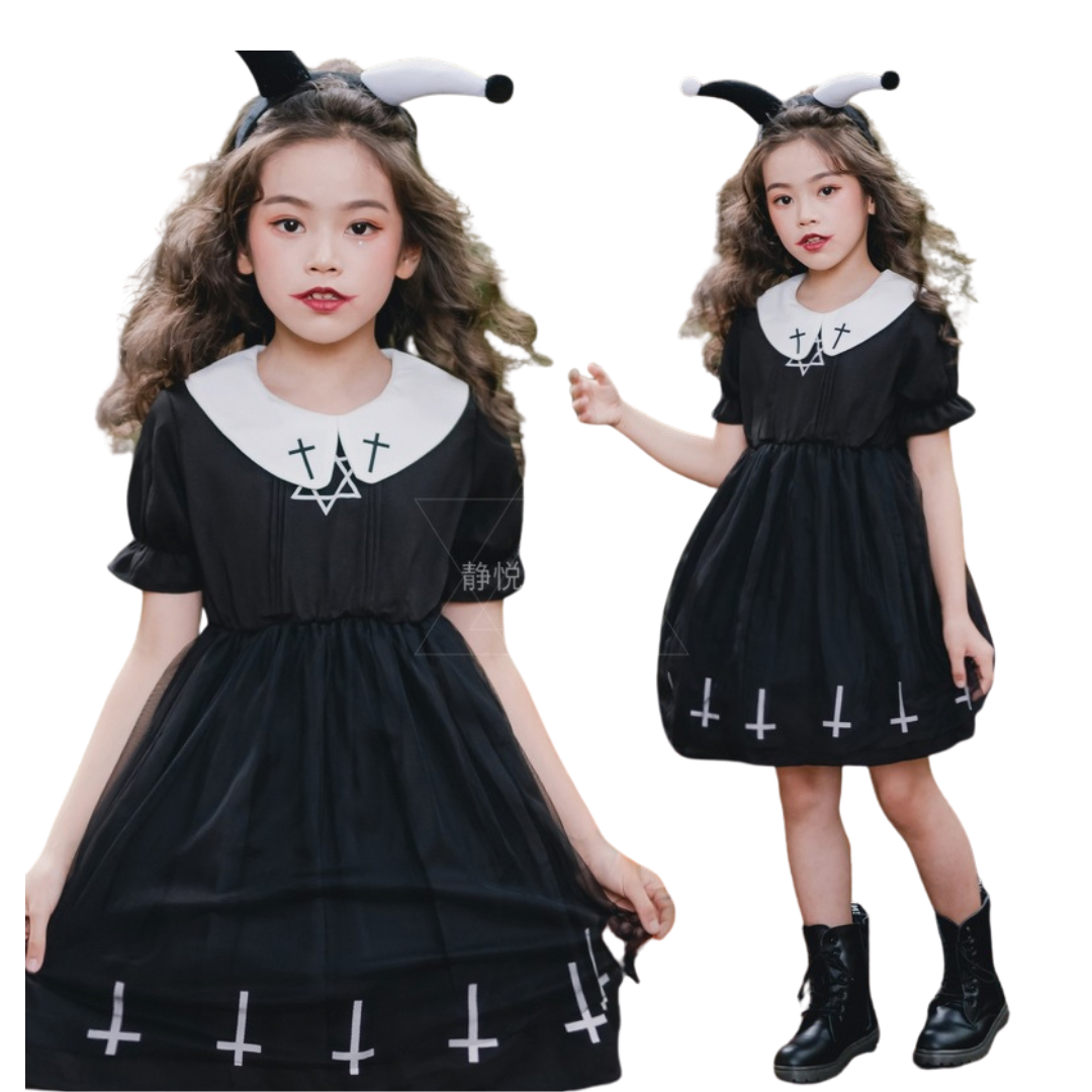 friendly4kid พร้อมส่ง ชุดฮาโลวีนเด็กผู้หญิง haloween ชุดเดรสสีดำ สไตล์สาวแม่บ้าน