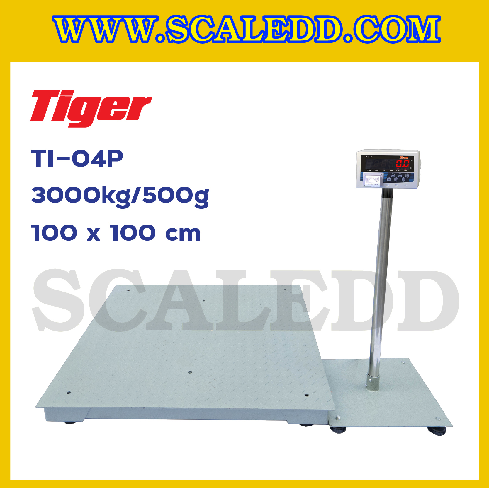 เครื่องชั่งพร้อมปริ้นเตอร์ในตัว พิกัด 3000kg รุ่น TI-04P ขนาดแท่น 100x100cm. เครื่องชั่งน้ำหนัก3000kg เครื่องชั่งดิจิตอล3000kg ตาชั่ง3000kg ตาชั่งดิจิตอล3000kg พิกัดน้ำหนัก 3000kg ค่าละเอียด 500g เครื่องชั่งยี่ห้อ TIGER รุ่น TI-04P