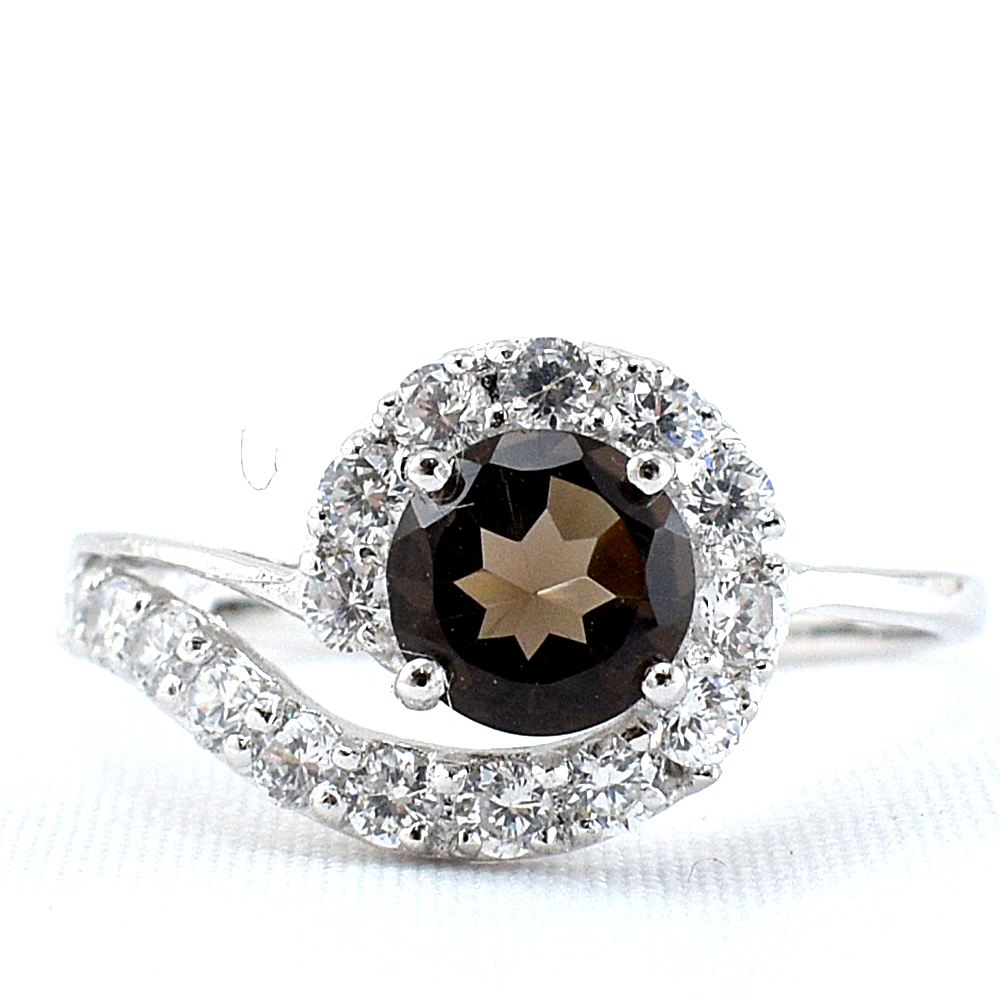 แหวนเงินแท้ราคาถูกชุบทองคำขาว พลอยแท้สโมกกี้ควอทซ์ 0.77 กะรัต เพชรCZ 0.48 กะรัต งานประณีตสวยงาม สั่งผลิตค่ะ