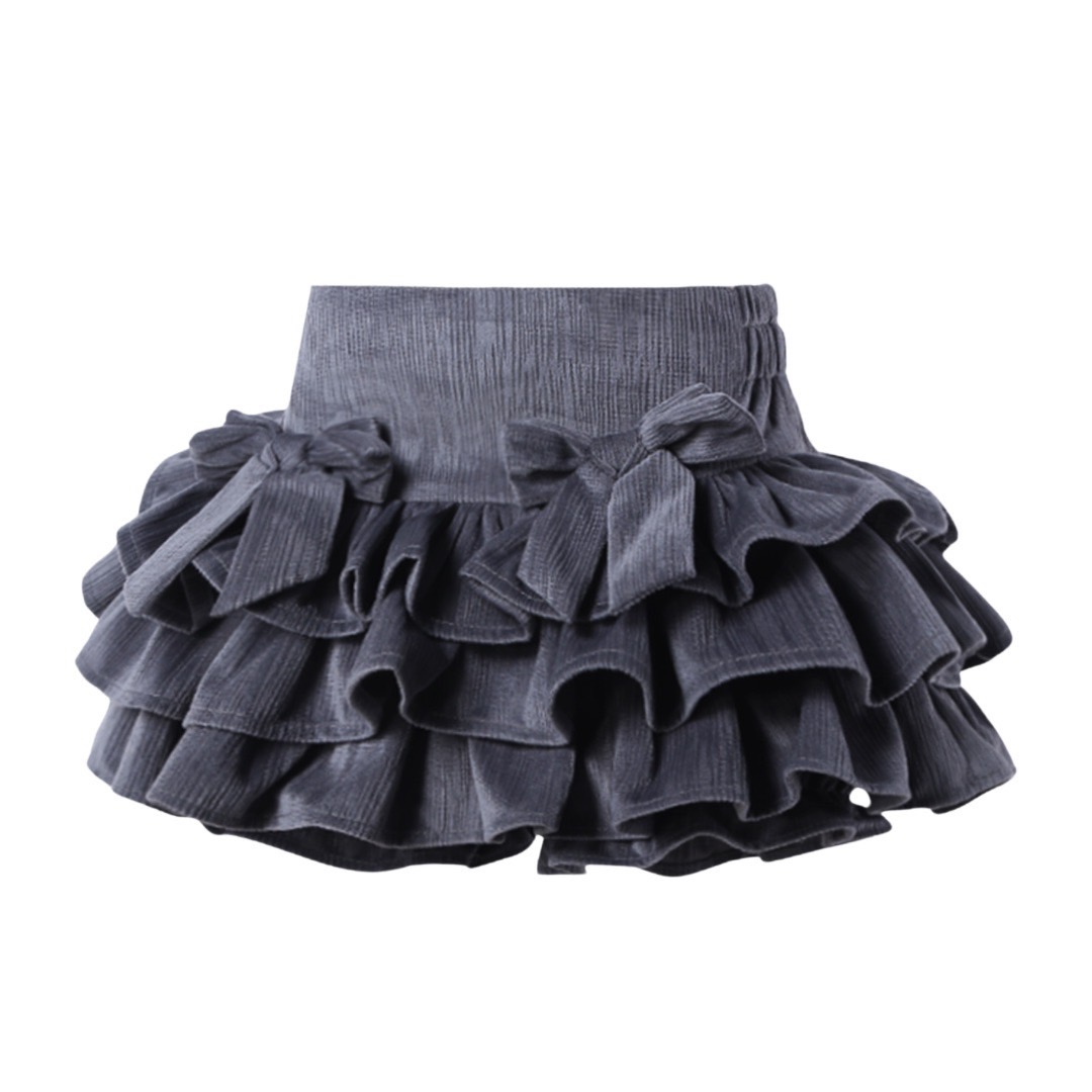 กระโปรง เด็กผู้หญิง ทรงขนมชั้น สีพื้น มีซับระบายชั้นติดโบว์