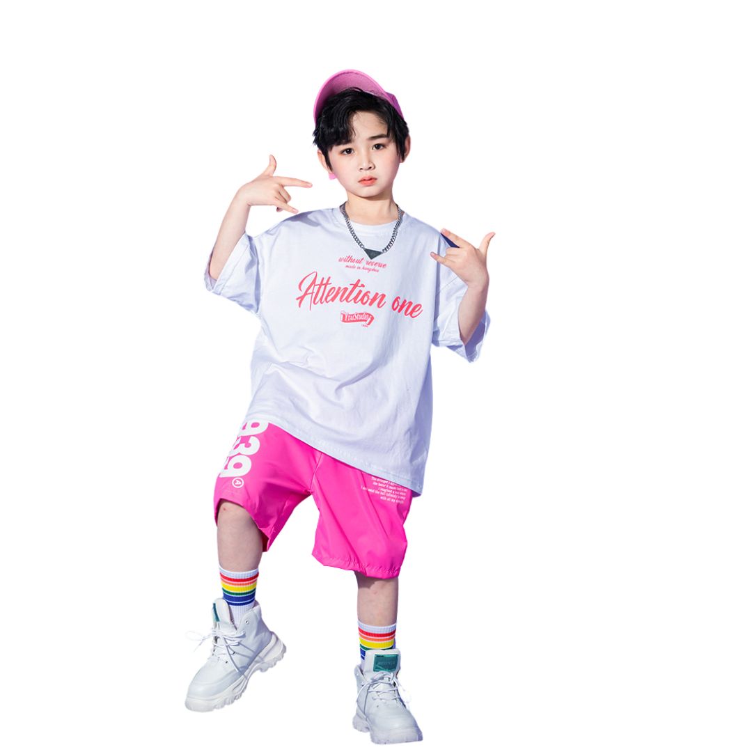 พร้อมส่ง ชุดเต้น ชุดแดนซ์ เสื้อสีขาว+กางเกงขายาว/กระโปรง สีชมพู