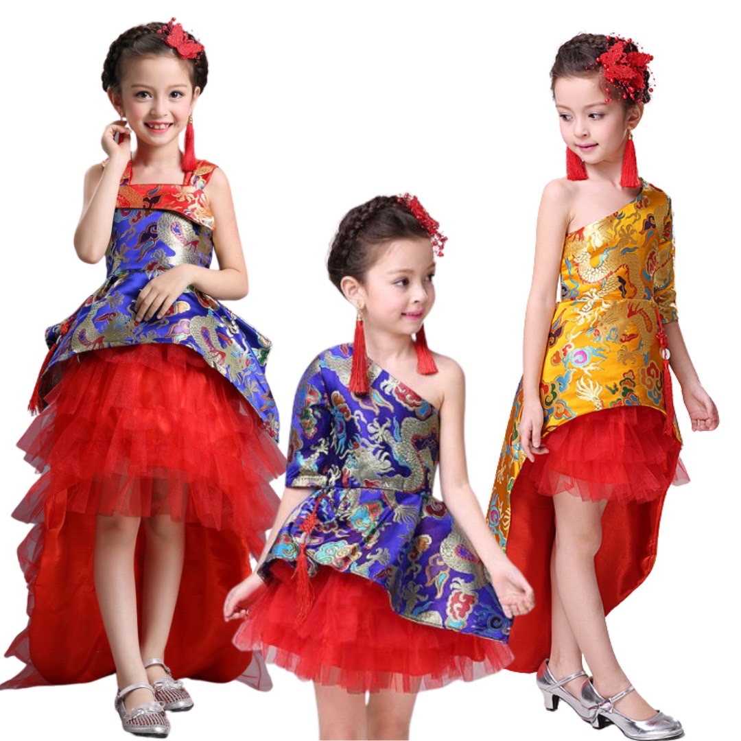 ชุดกี่เพ้า ตรุษจีน ปาดไหล่สีน้ำเงิน สีทอง