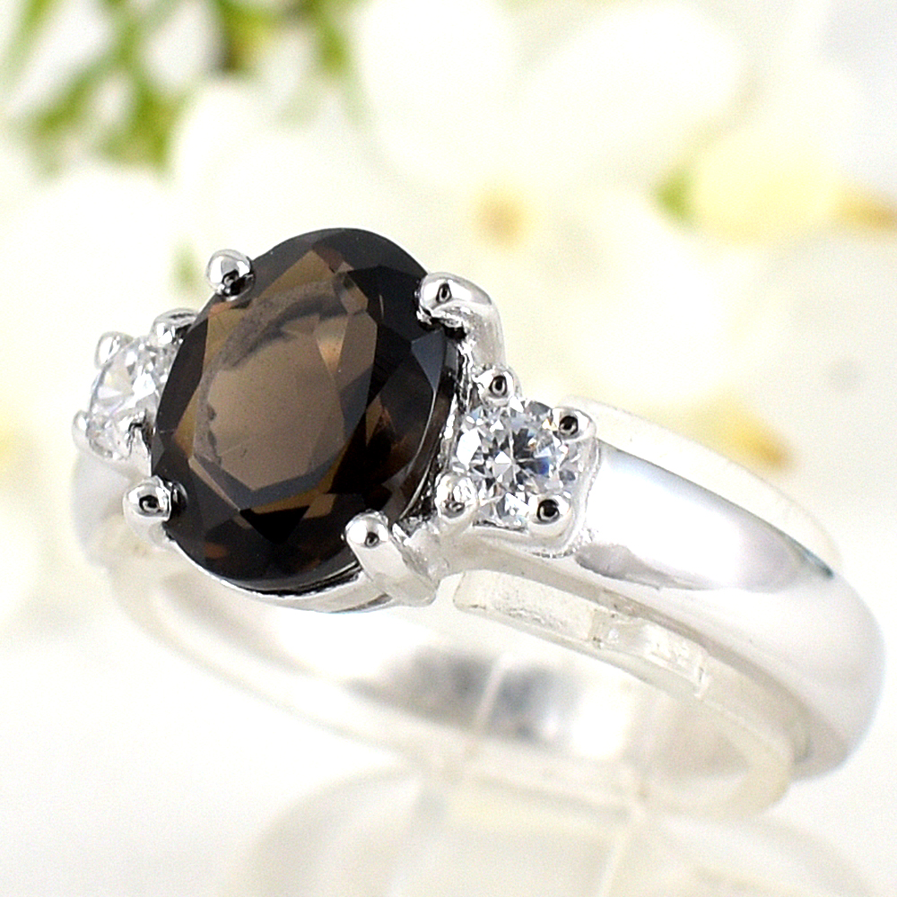 แหวนเงินแท้ราคาถูกชุบทองคำขาว พลอยแท้สโมกกี้ควอทซ์ 1.70 กะรัต เพชรCZ 0.20 กะรัต งานประณีตสวยงาม สั่งผลิตค่ะ