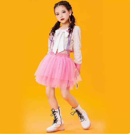 ชุดเต้น ชุดฮิปฮอป เซ็ตสีเสื้อแขนยาวสีขาวปักเลื่อม+กระโปรง สีชมพู