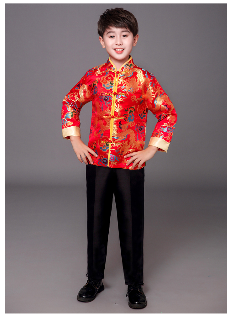 **พร้อมส่ง** ชุดจีน กี่เพ้า ชุดจีนเด็กชาย เสื้อสีแดงแขนขลิบทอง+สแลคดำ รุ่น 2