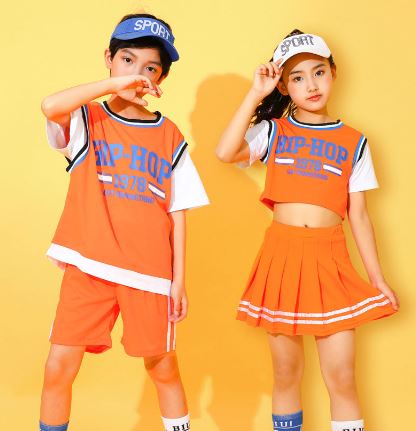 พร้อมส่ง ชุดเต้น ชุดเชียร์เด็ก เซ็ตสีส้ม ลายสก๊อต สีส้ม ชุดกีฬา สปอร์ต