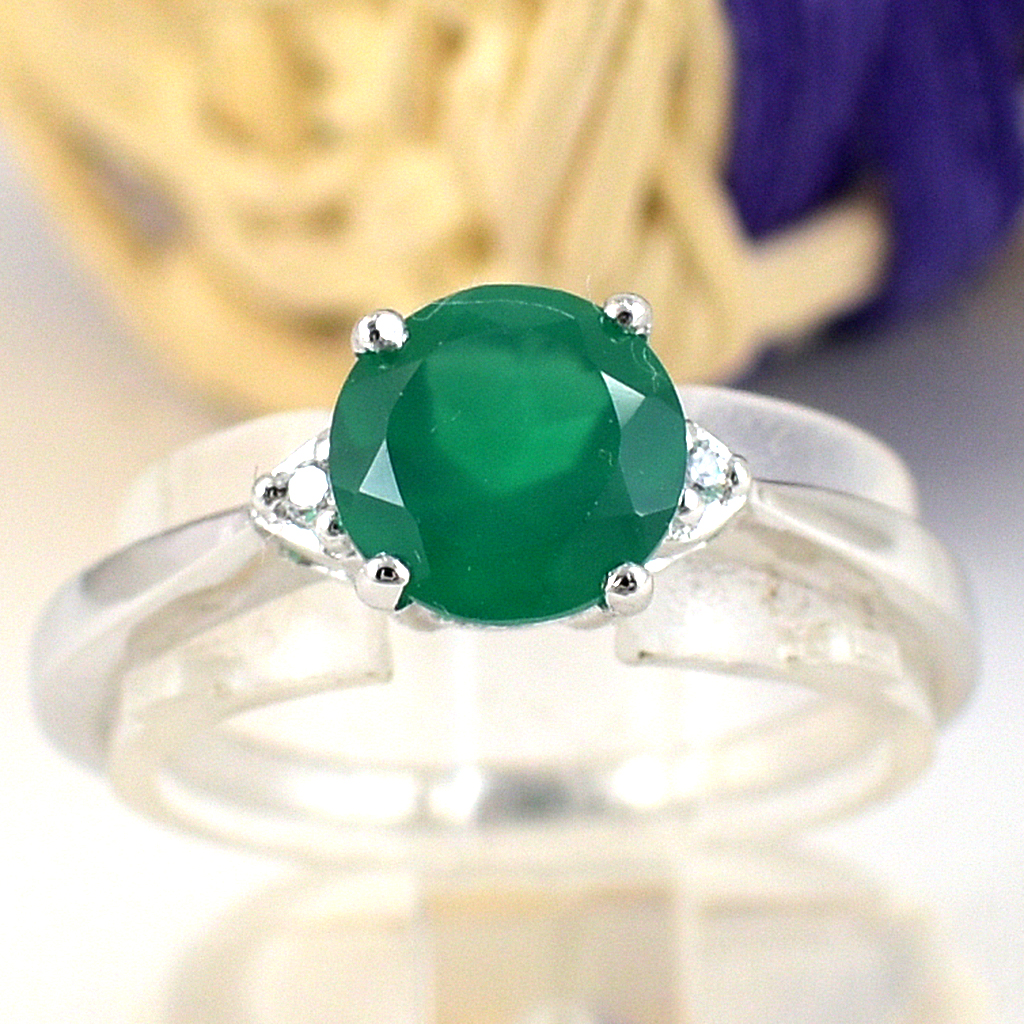 แหวนเงินแท้ราคาถูกชุบทองคำขาว พลอยแท้กรีนอะเกท 1.20 กะรัต เพชรCZ 0.02 กะรัต งานประณีตสวยงาม สั่งผลิตค่ะ