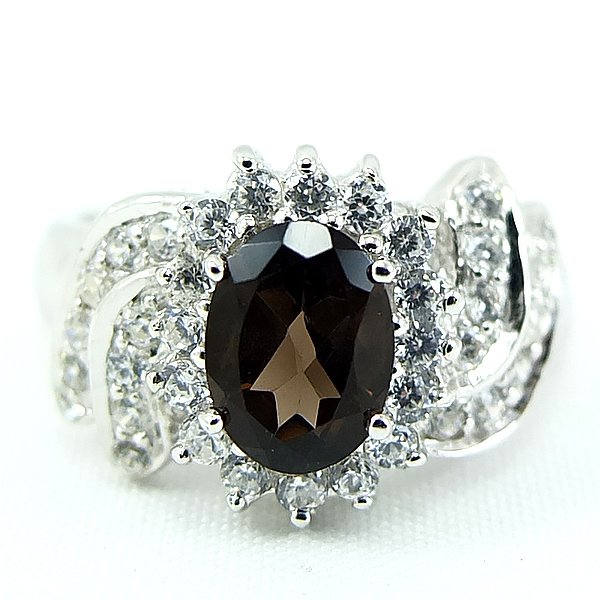 แหวนเงินแท้ราคาถูกชุบทองคำขาว พลอยแท้สโมกกี้ควอทซ์ 1.25 กะรัต เพชรCZ 0.88 กะรัต งานประณีตสวยงาม สั่งผลิตค่ะ