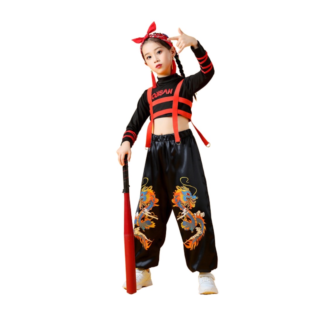ชุดตรุษจีน เสื้อกี่เพ้าแขนยาวสีดำ+กางเกงขายาวมังกร