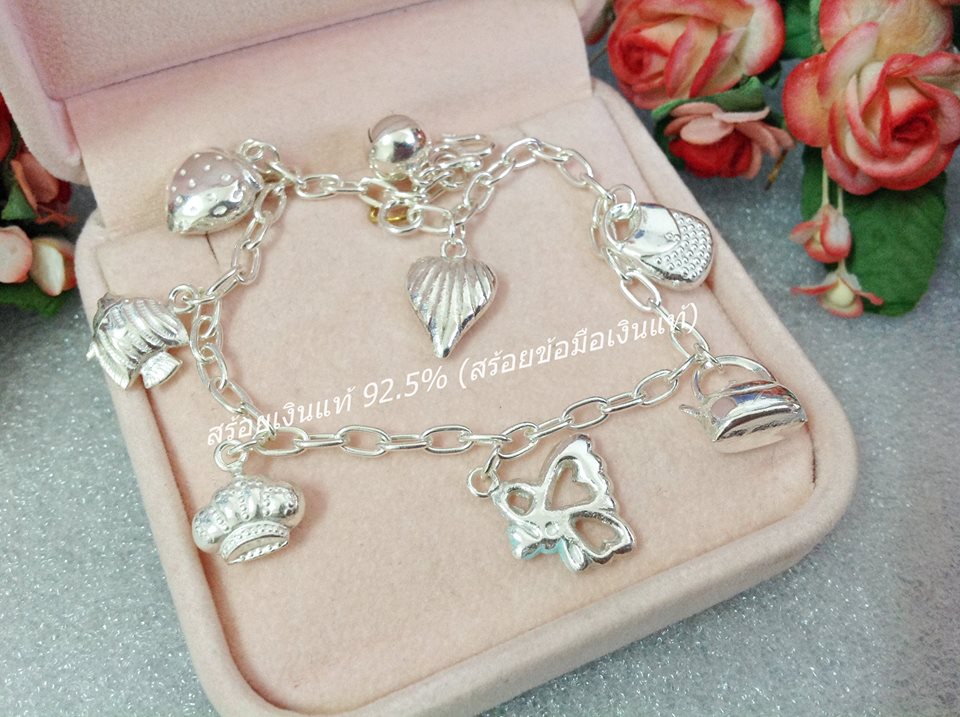 สร้อยข้อมือเงินแท้ ห้อยตุ้งติ้งปลา หัวใจ กระเป๋า กาน้ำ สตอเบอรี่ ผีเสื้อ มงกุฎ และหัวใจ