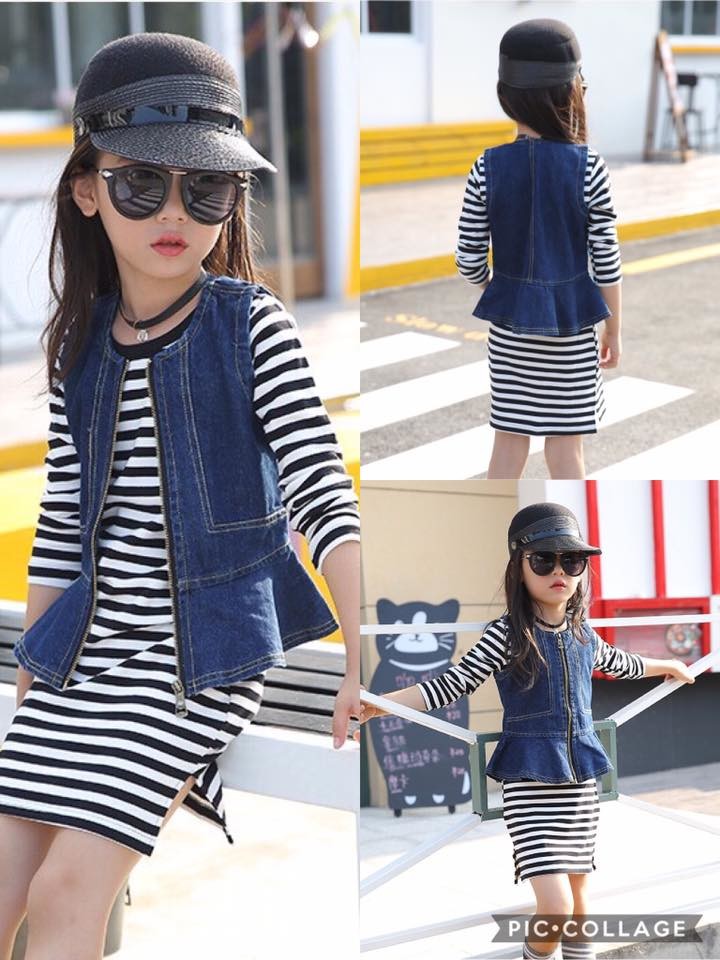 ชุดเด็ก : เดรสแขนยาวสีดำ+เสื้อกั๊กยีนส์