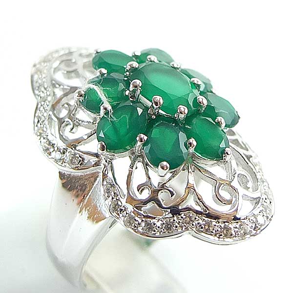 แหวนเงินแท้ราคาถูกชุบทองคำขาว พลอยแท้กรีนอะเกท 3.32 กะรัต เพชรCZ 0.38 กะรัต งานประณีตสวยงาม สั่งผลิตค่ะ