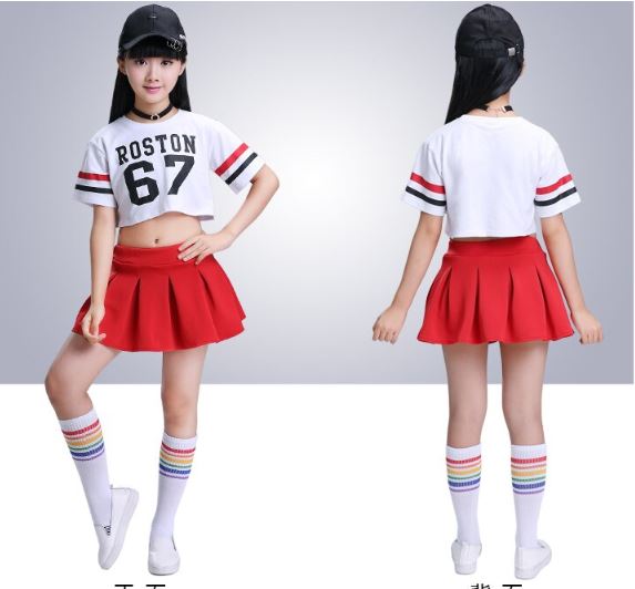 ชุดเต้น ชุดแดนซ์ เสื้อสีขาวลาย 67 +กระโปรงแดง/กางเกงแดง