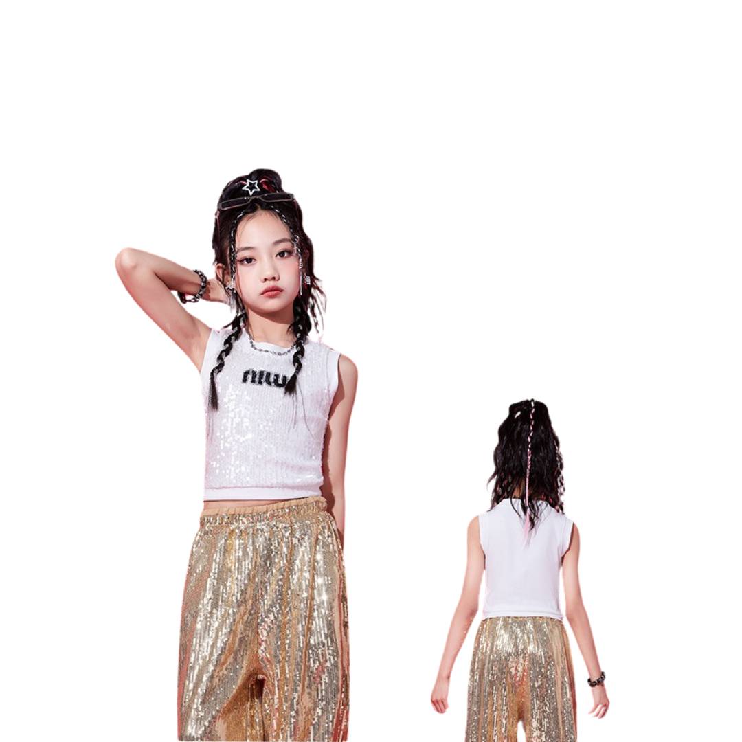 พร้อมส่ง ชุดเต้น ชุดแดนซ์ เสื้อแขนกุด+กางเกงขายาวปักเลื่อม