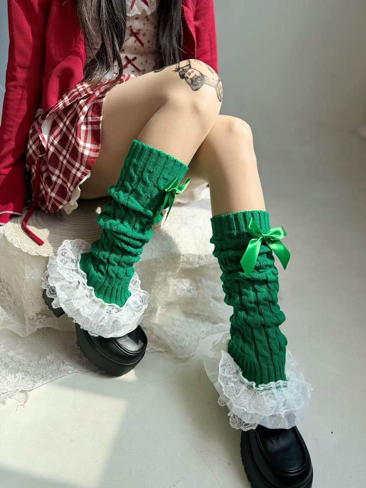 พร้อมส่ง ถุงเท้ายาว ปลอกขา โลลิต้า ระบายลูกไม้ ติดริบบิ้น