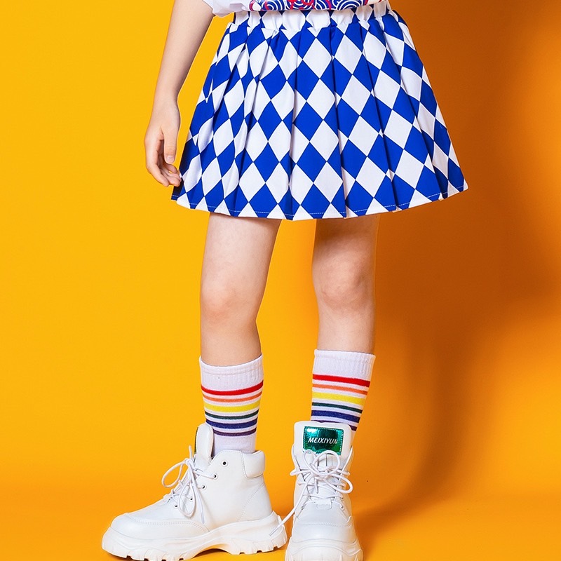 พร้อมส่ง ชุดเต้น ชุดเชียร์ เซ็ทเสื้อแขนสั้น+กระโปรง/กางเกง ลายหมากรุก