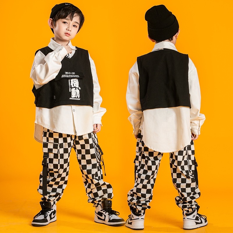 ชุดเต้น ฮิปฮอป เส้ื้อแขนยาว+กางเกงตารางขาวดำ