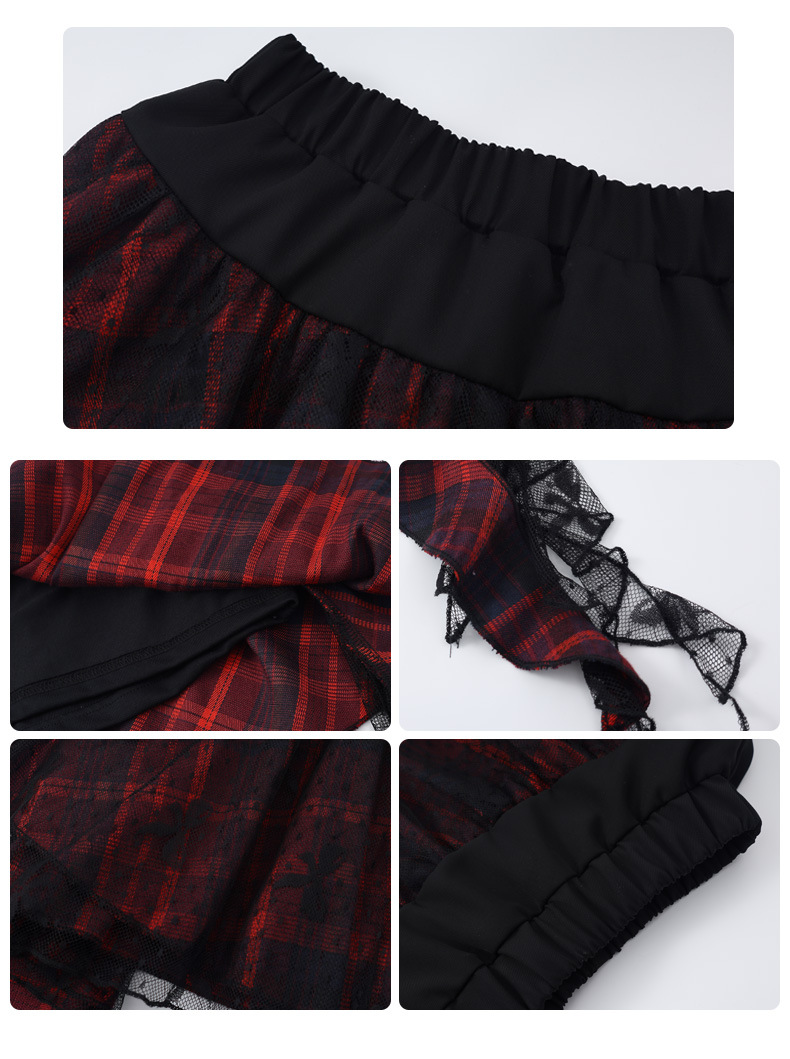 ชุดเต้น เซ็ตเสื้อปาดไหล่ พร้อมปลอกแขน โทนลายสก๊อต ดำแดง