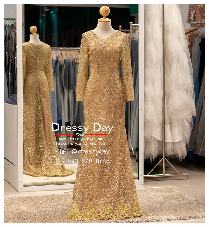 รหัส ชุดเจ้าภาพ : PFL089 ชุดราตรียาว แขนยาว สีทอง ไปงานแต่งงานกลางคืน งานเดินพรหมแดง งานกาล่าดินเนอร์