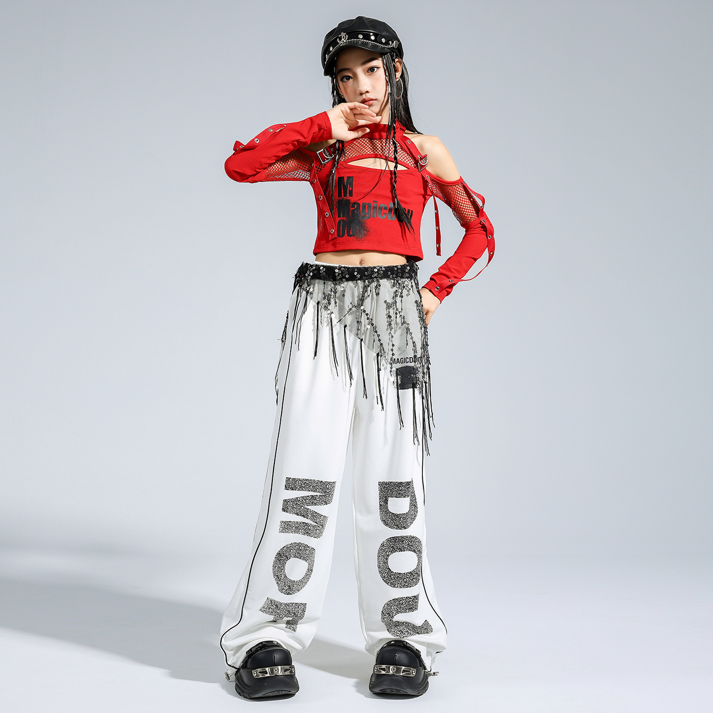 Friendly4kidชุดเต้นเด็กชาย/หญิง set เสื้อ+กางเกง สีดำ-แดงสไตล์สตรีทแดนซ์