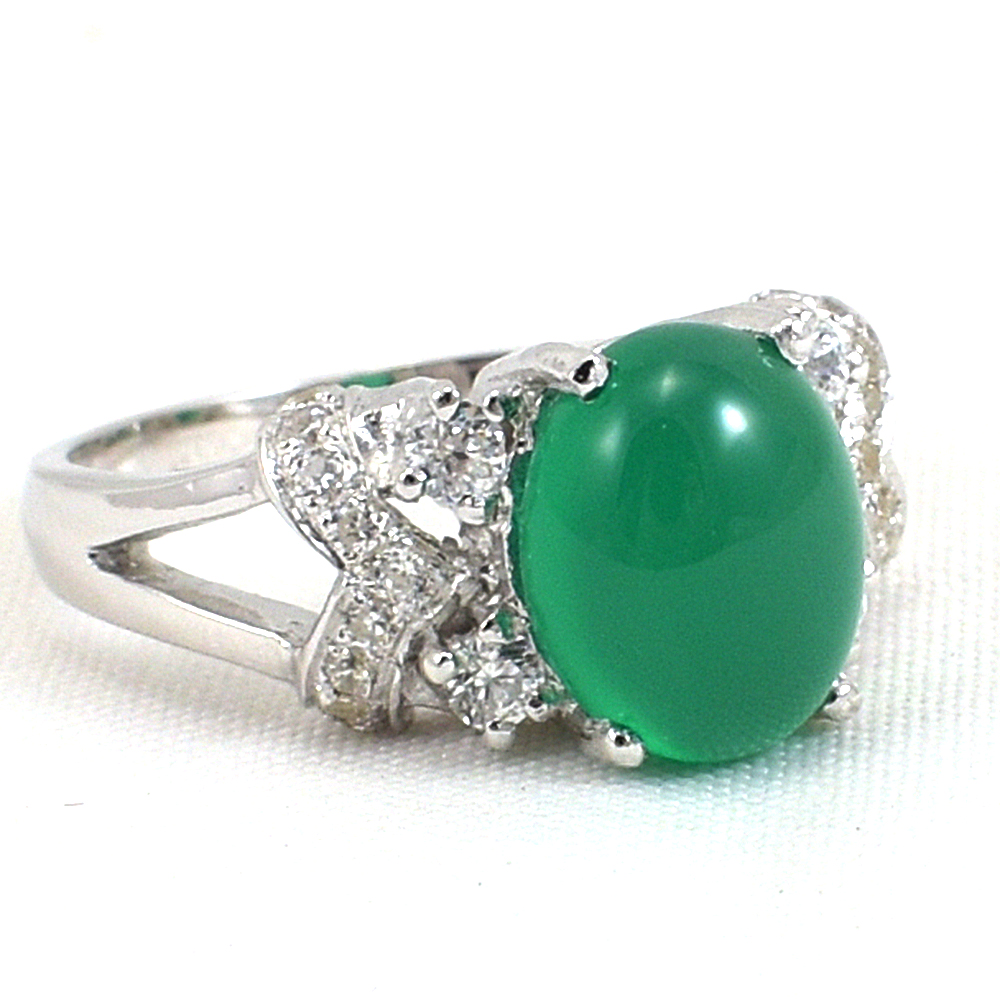 แหวนเงินแท้ราคาถูกชุบทองคำขาว พลอยแท้กรีนอะเกท 2.25 กะรัต เพชรCZ 0.286 กะรัต งานประณีตสวยงาม สั่งผลิตค่ะ