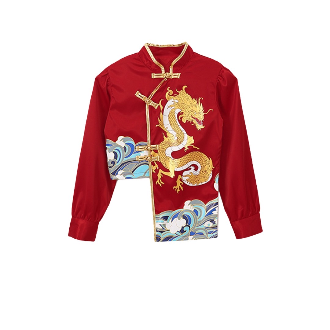 พร้อมส่ง ชุดตรุษจีน กี่เพ้า เสื้อคอจีนแขนยาวสีแดงลายมังกร+กระโปรง กางเกงขายาว สีทอง