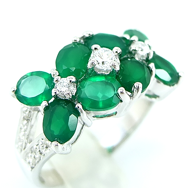 แหวนเงินแท้ราคาถูกชุบทองคำขาว พลอยแท้กรีนอะเกท 3.20 กะรัต เพชรCZ 0.272 กะรัต งานประณีตสวยงาม สั่งผลิตค่ะ