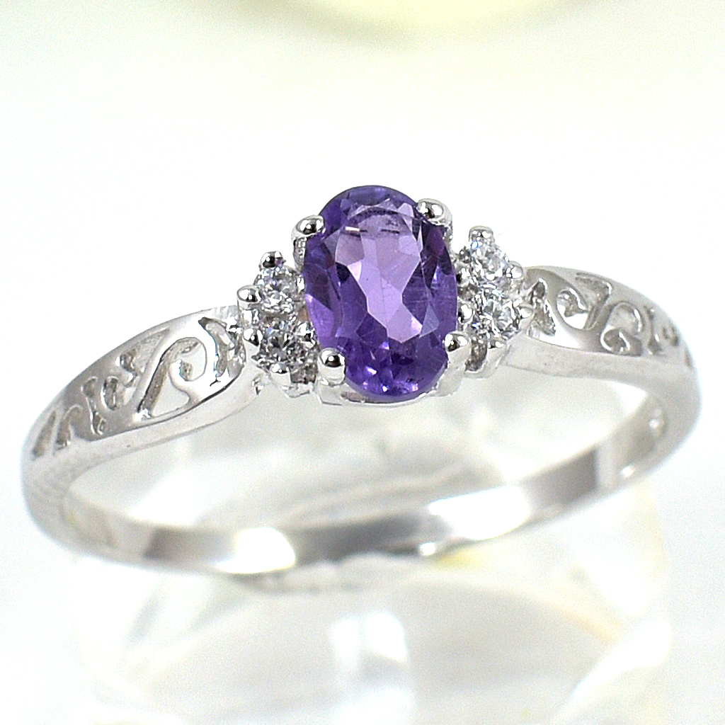 แหวนเงินแท้ราคาถูกชุบทองคำขาว แอมิทิสต์แท้ 0.45 กะรัต เพชรCZ 0.06 กะรัต งานประณีตสวยงาม สั่งผลิตค่ะ