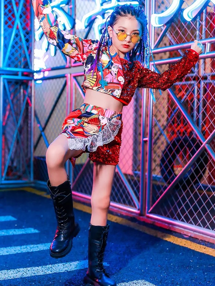 **พร้อมส่ง**ชุดเต้น ชุดฮิปฮอป เสื้อแขนยาว ปักเลื่อม พร้อมกางเกงขาขายาว