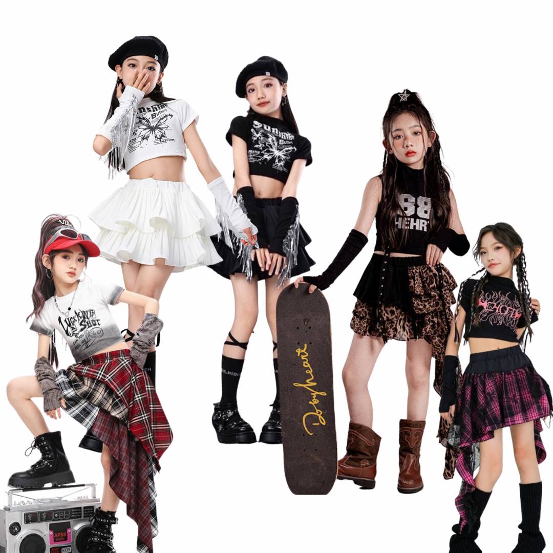 พร้อมส่ง ***ชุดเต้น เสื้อครอป แขนสั้น+กระโปรง พร้อมปลอกแขน ลายเสือ ลายผีเสื้อ ลายสก๊อต