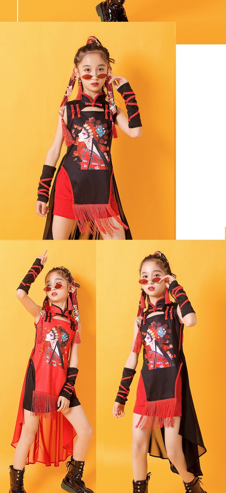 ชุดตรุษจีน เดรสกี่เพ้าแขนกุดลายการตูนด้านหน้าแต่งกระโปรงพลิ้วด้านหลัง+ปอกแขน