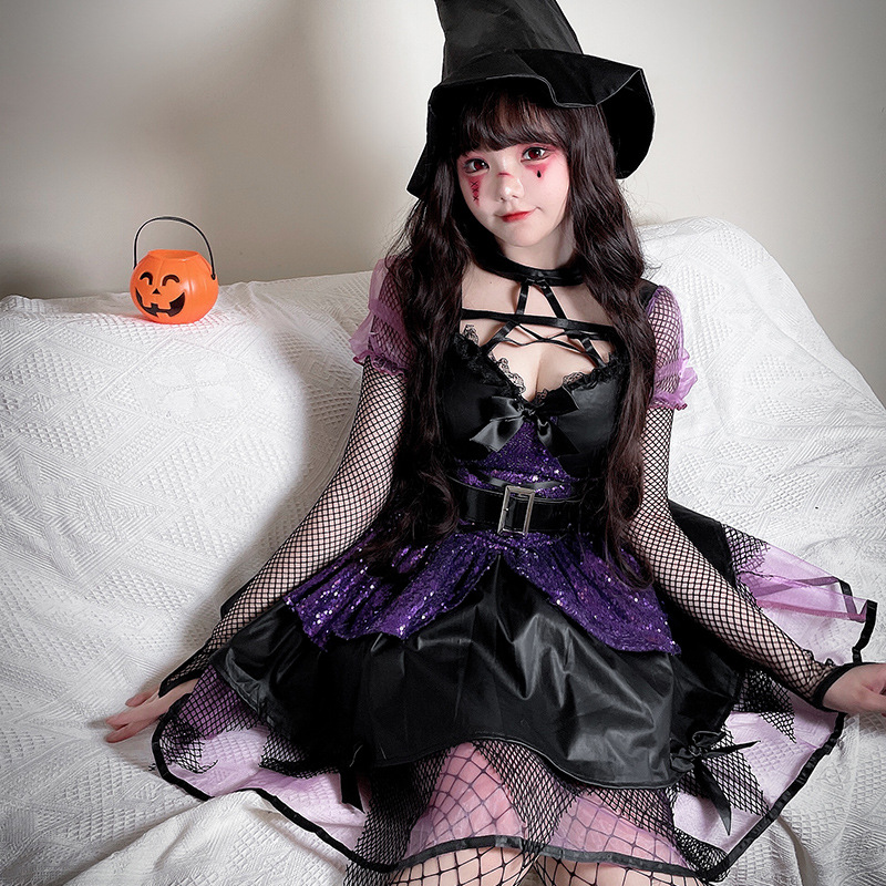 พร้อมส่ง ชุดแม่มด ชุดฮาโลวีน ผู้ใหญ่ ม่วง-ดำ**